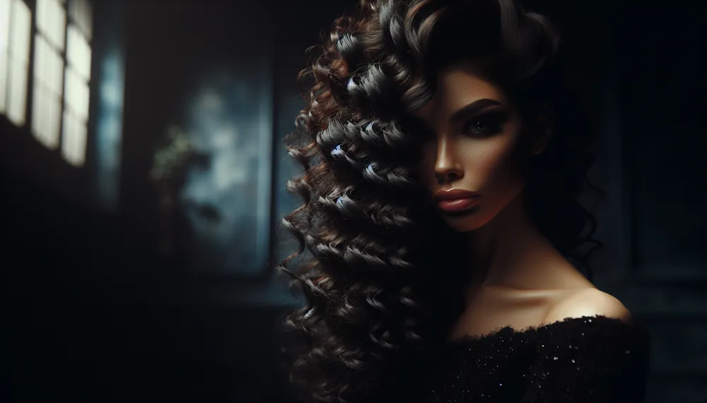 a model showcasing dark romance hairstyle with curls, atmospheric and moody lighting