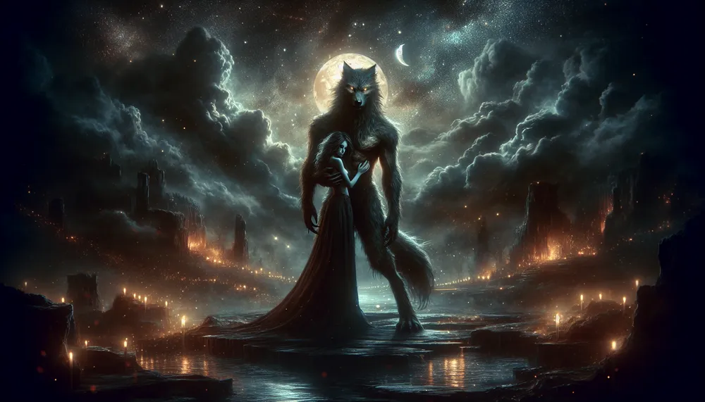 An artistic depiction of a werewolf's mate, in a dark romantic setting, digital art, high resolution