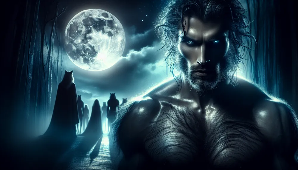 A dark romantic setting with an enigmatic werewolf alpha under the moonlight, embodying themes of mystery and passion