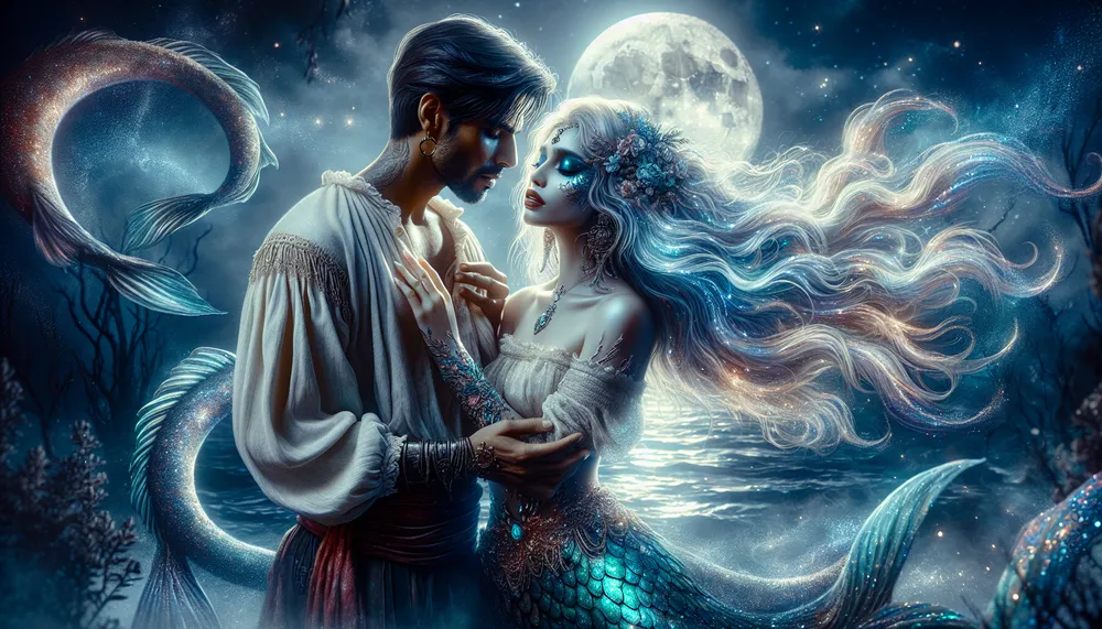 A hauntingly beautiful siren embracing a sailor in the moonlight, dark romantic atmosphere