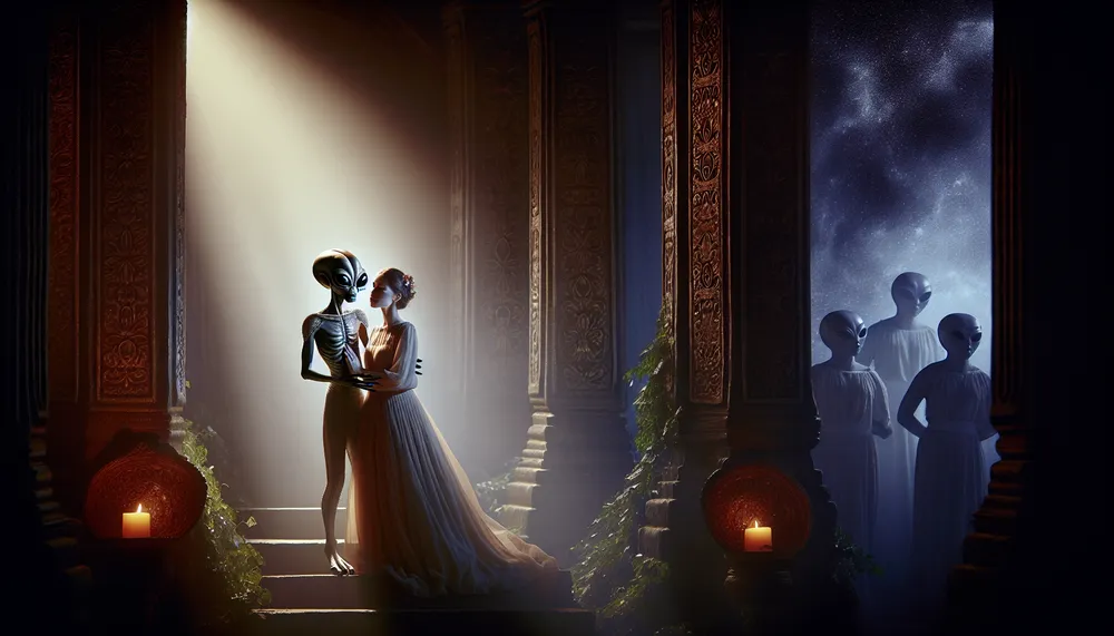 An alien and human embracing in a dark, romantic setting with a mysterious ambiance