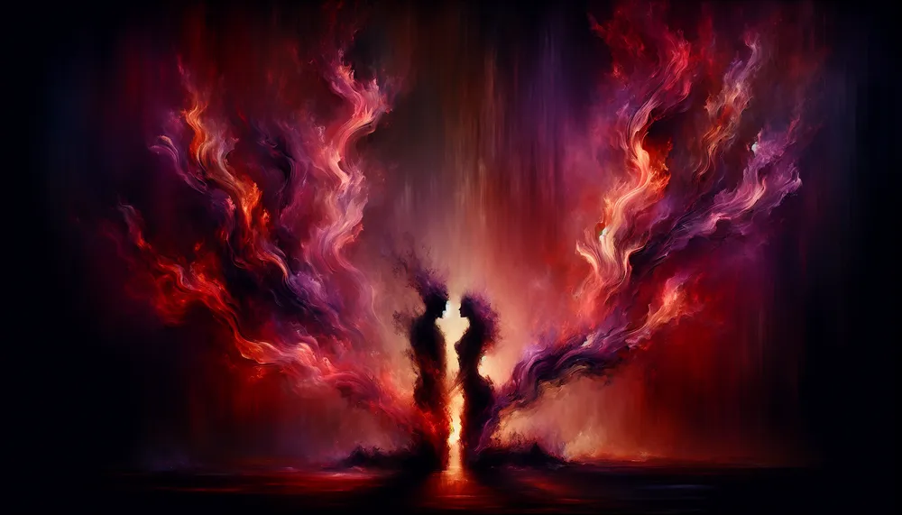 A dark romance scene depicting forbidden passion and mysterious love with an abstract representation of fire