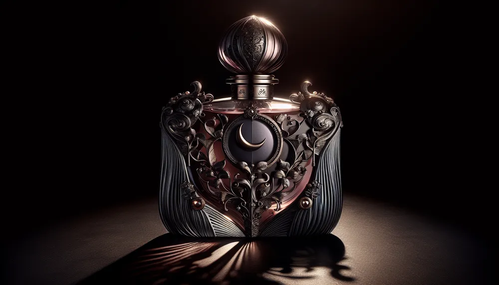 dark romance perfume bottle with a mysterious and sophisticated ambiance