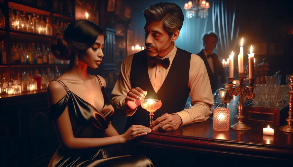Bartender serving a mysterious drink to an elegant woman in a dimly lit, romantic bar setting