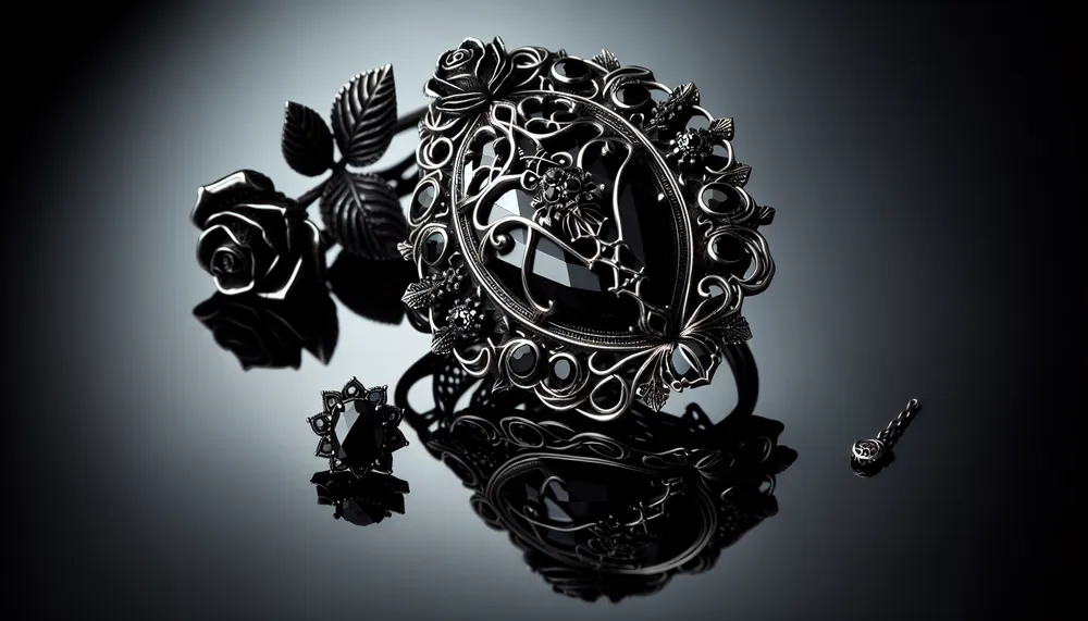 A thematic image featuring dark romance jewelry with gothic elegance and intricate craftsmanship.