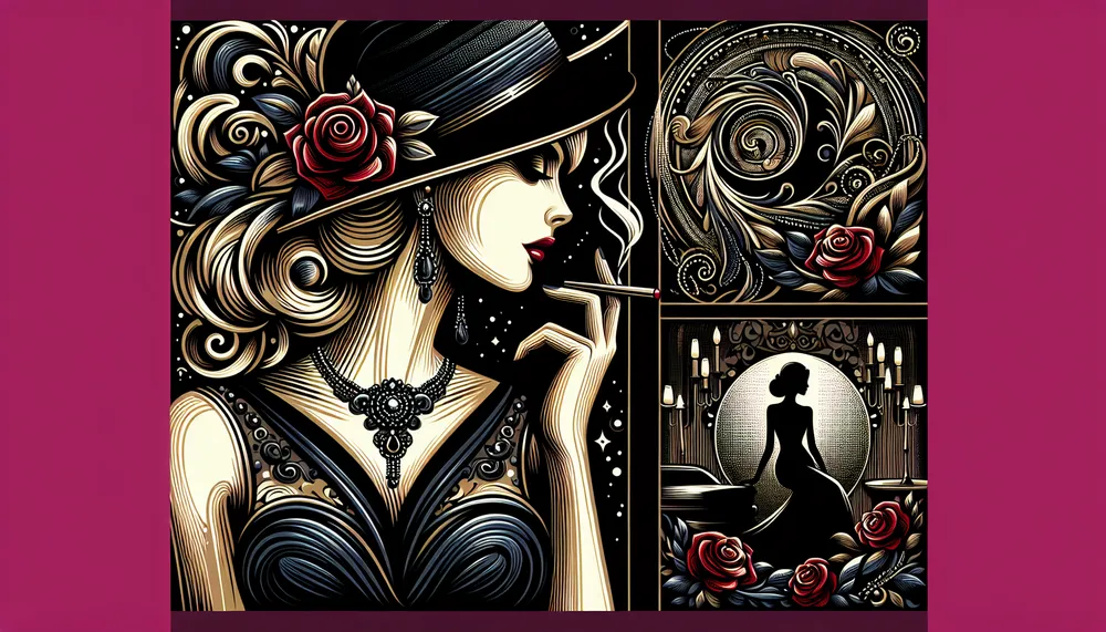 A stylized illustration of a mafia boss's wife, dark and romantic theme