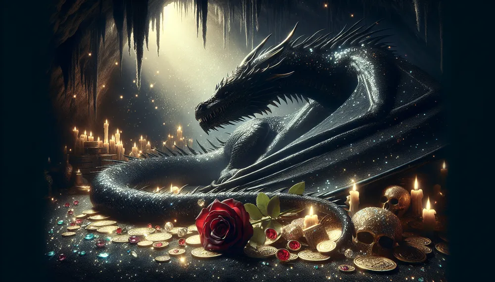 A dark, mystical dragon guarding a treasure with an atmosphere of forbidden romance