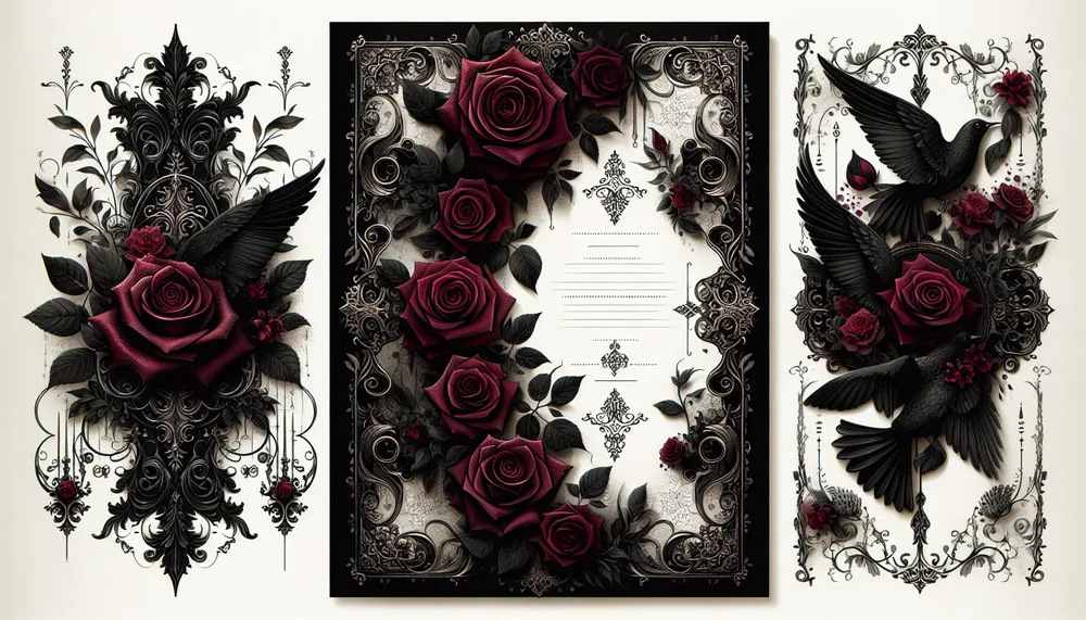 Gothic wedding invitation, elegant with dark romance themes, high-quality