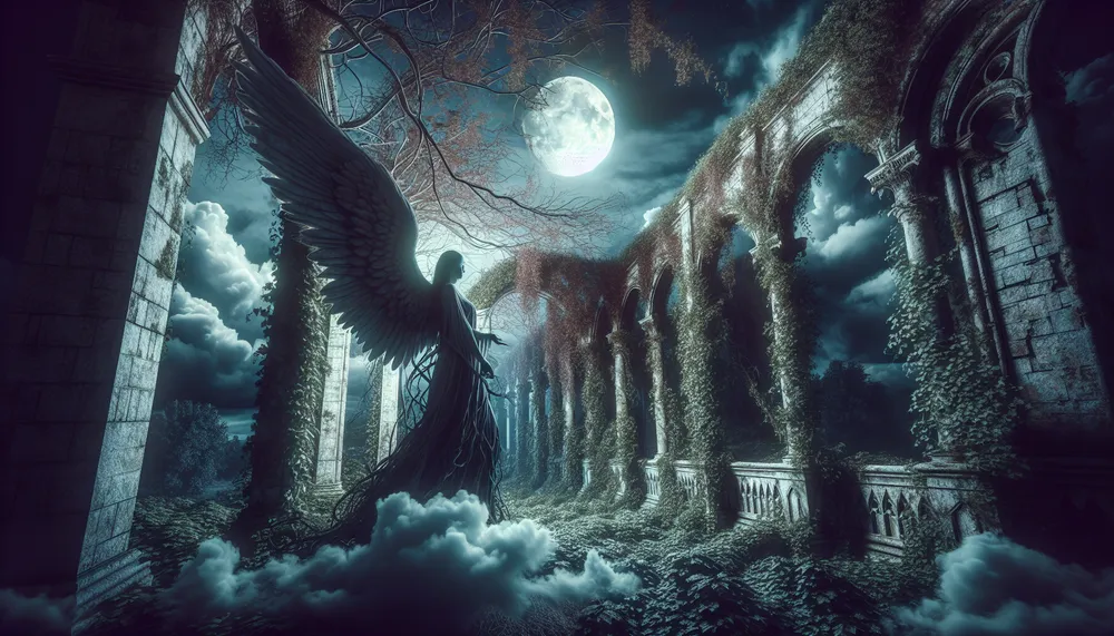 A gothic depiction of a shadowy figure with wings, representing a dark angel who embodies temptation in a romance setting.