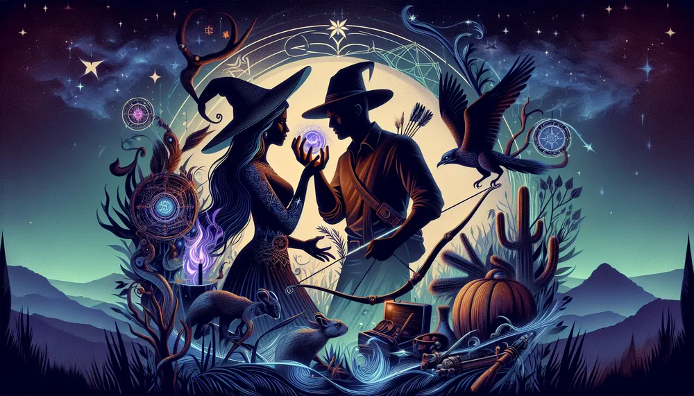 A conceptual art depicting an enigmatic romance between a witch and a hunter, set in a magical dark fantasy world.