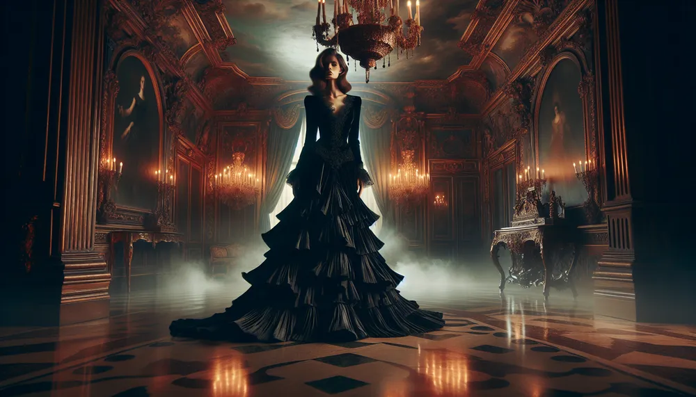 dark romance fashion dress in an elegant and mysterious setting