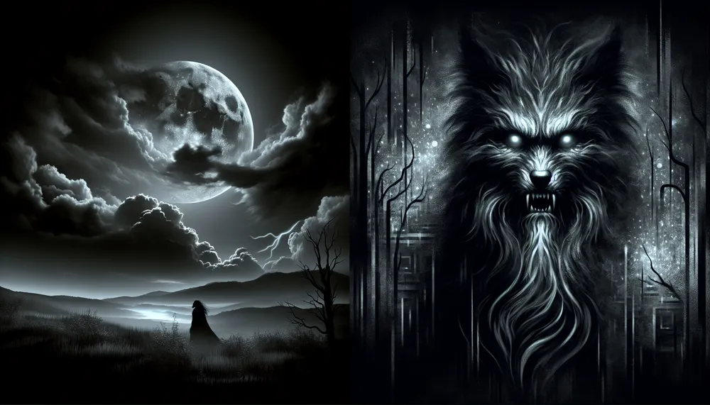 Enigmatic image capturing the essence of 'Whispered Howls,' with undertones of dark romance and the mystical allure of a werewolf under the moonlight.