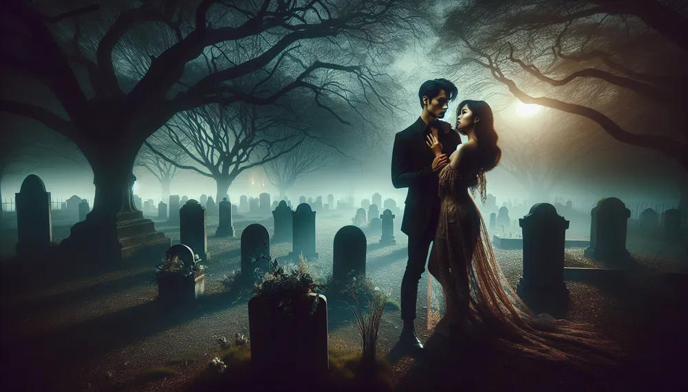 A dark and mysterious romance scene at a lonely grave, with ethereal lighting and gothic undertones.