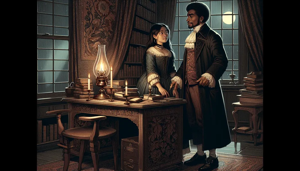 Dark romance illustration featuring a teacher and a student involved in a mysterious affair.