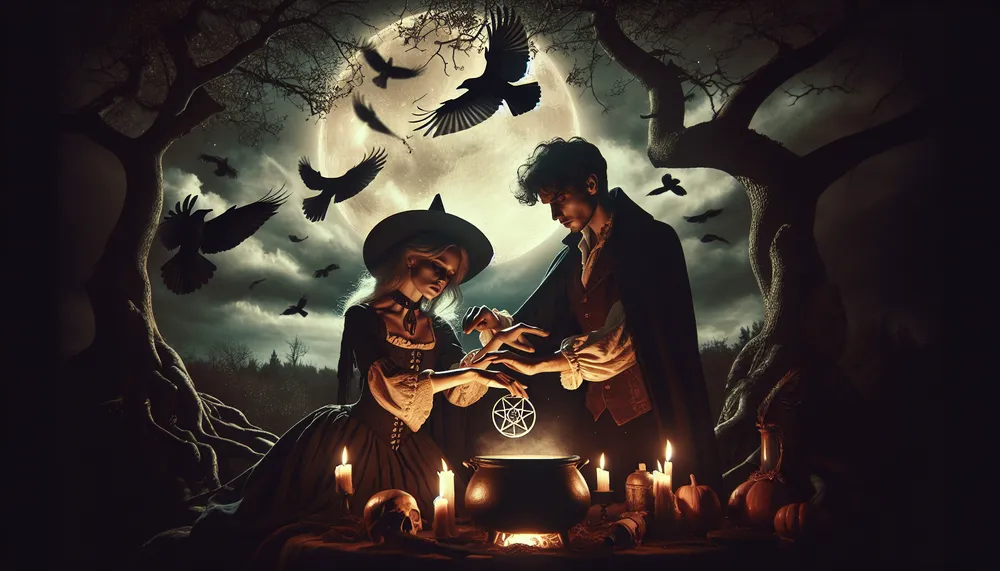 an artistic depiction of witchcraft and romance intertwined in a dark poetic setting, suitable for an article cover