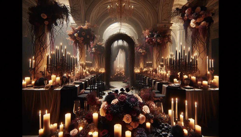dark romance wedding theme with elegant gothic elements, mysterious atmosphere, dramatic floral arrangements