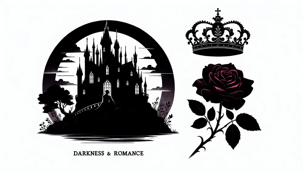 A mystical and shadowy castle silhouette with a rose and a crown symbolizing a dark romance poem for a cursed prince.