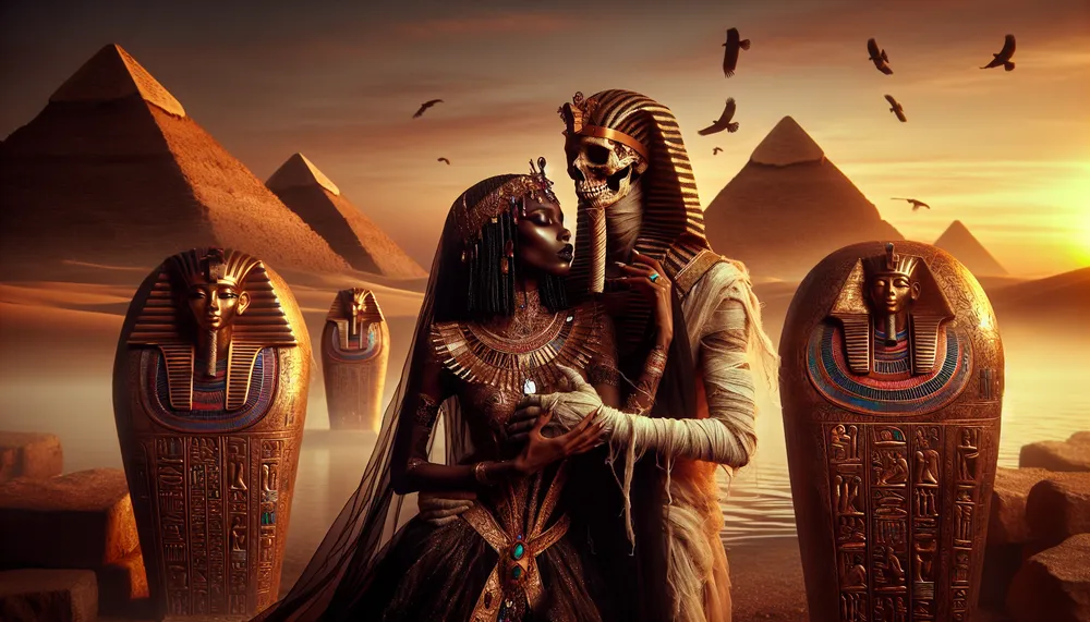 An ancient Egyptian mummy's curse, dark romance theme, visually captivating and emotionally intense