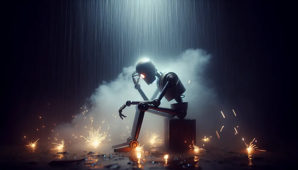 A heartbroken robot sitting in the rain, surrounded by fluttering sparks, evoking a sense of lost love and melancholy in a dark and atmospheric setting.