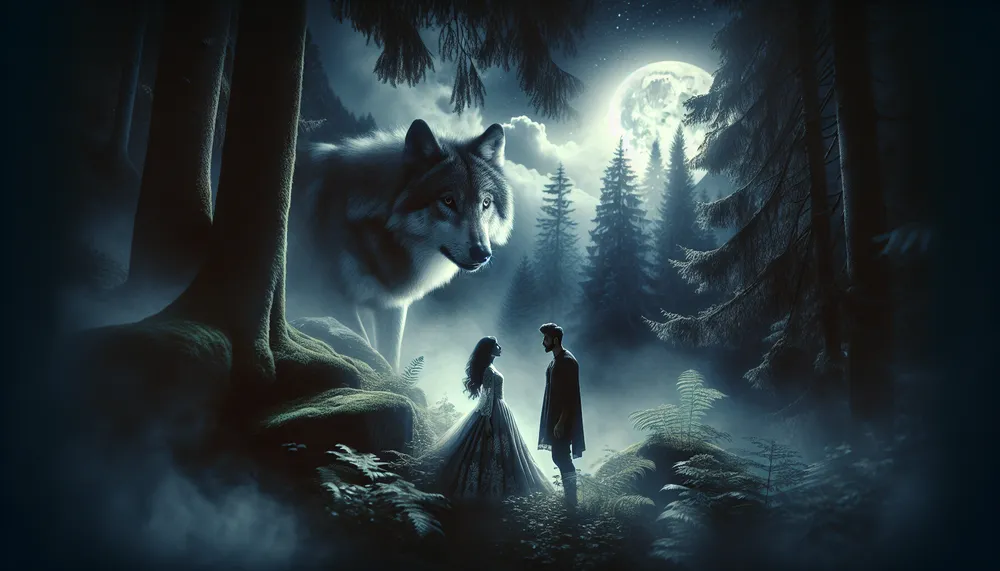 A mystical dark romance scene with a wolf and a couple, embodying forbidden love and a sense of belonging to a pack.