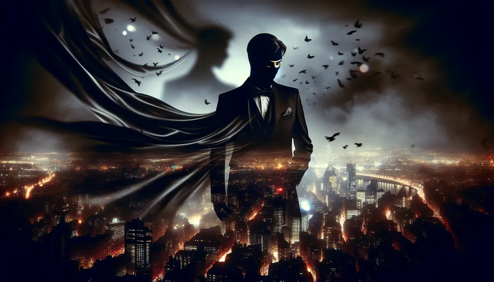 A shadowy figure in a suit stands guard, with an aura of forbidden love and dark romance, overlooking a dimly lit cityscape.