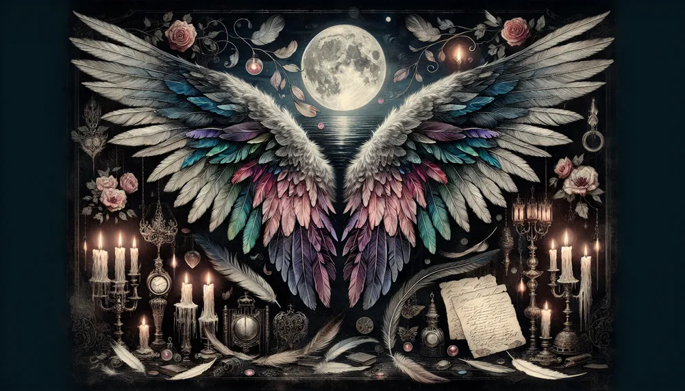 An artistic representation of angel's wings enveloped in dark, romantic elements