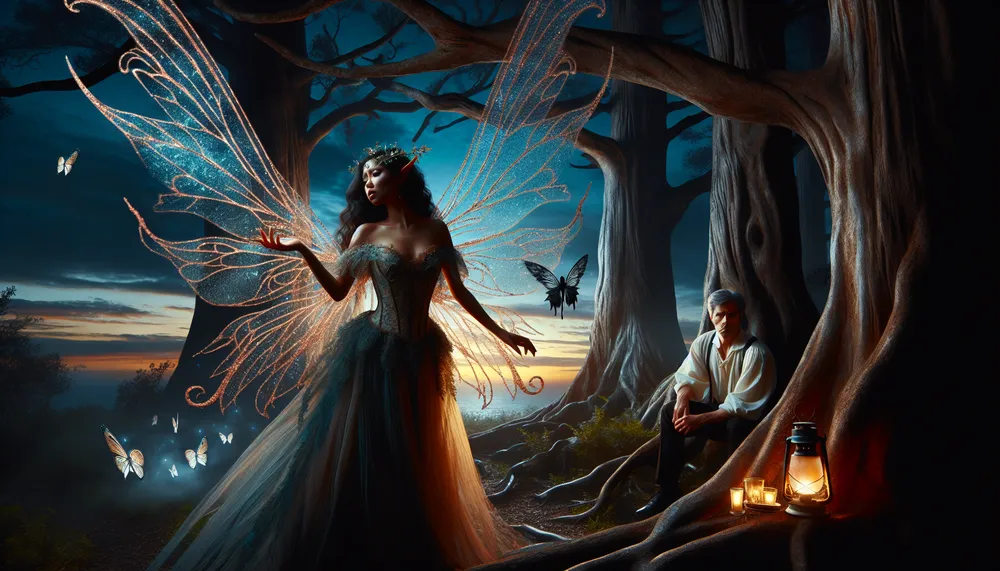 A dark and mysterious fairy making a cruel bargain with a tormented lover in an enchanted forest at twilight