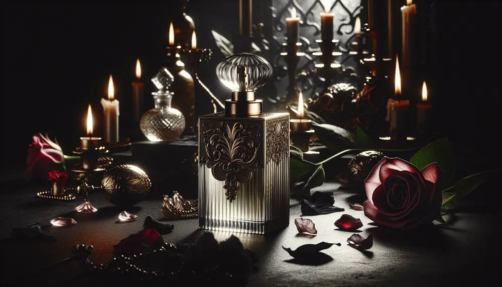 dark romance perfume spray in an elegant glass bottle, with shadows and enigmatic ambiance