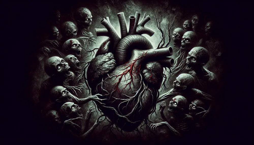 A dark romance image, depicting a heart intertwined with the theme of zombies, encompassing forbidden passion and mysterious love.