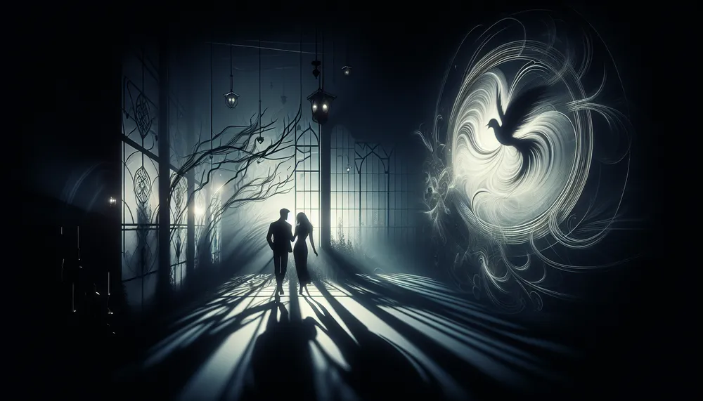 contemporary dark romance, enigmatic, love entwined with shadows, digital art