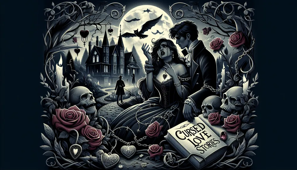 Cursed love stories in an illustrative book cover style, dark romance theme