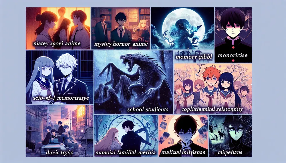 dark romance anime collage featuring characters from Another, Plastic Memories, White Album 2, Fruits Basket, Nana, Dusk Maiden of Amnesia, Flowers of Evil, Your Lie in April, Future Diary, and Vampire Knight