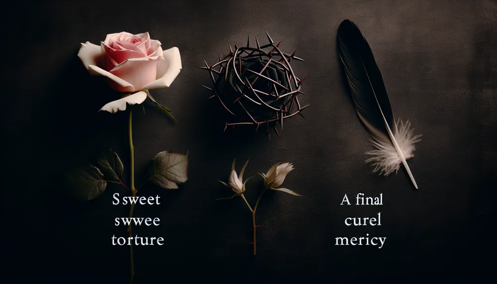 A dark romance theme illustrating sweet torture, cruel mercy, and a final breath