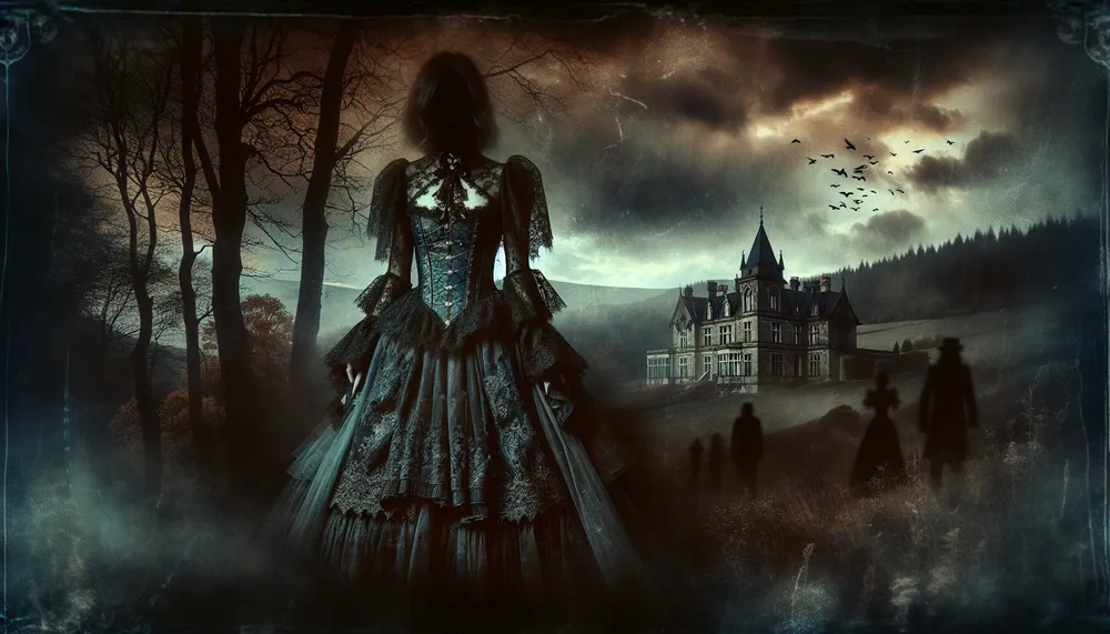 Dark Romance Trends - an artistic representation showcasing the mood and style of dark romanticism, including elements like gothic fashion, moody landscapes, and shadowy figures, in a modern aesthetic