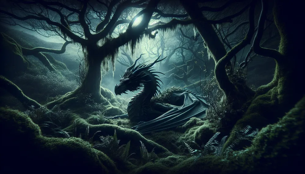 enchanted dragon in a dark, romantic setting