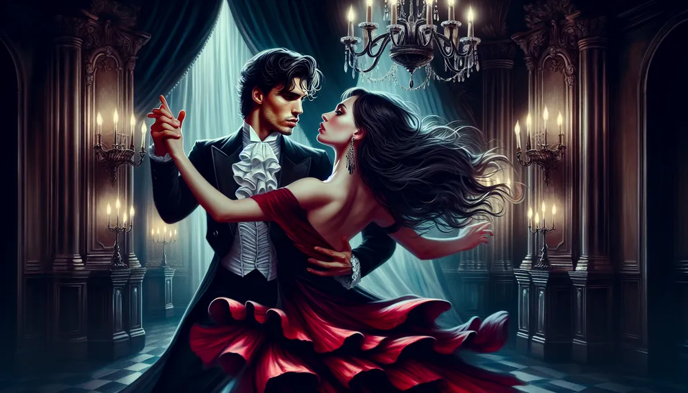 An evocative illustration of a dancer embodying forbidden passion and mysterious love in a dark, romantic setting