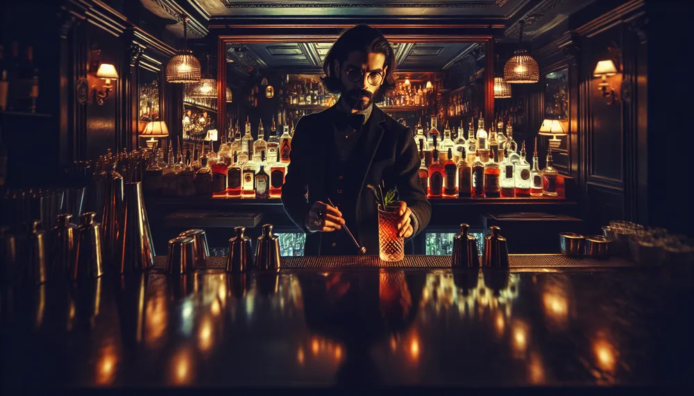 a mysterious bartender crafting a unique drink in a dimly lit bar, embodying a dark romance atmosphere