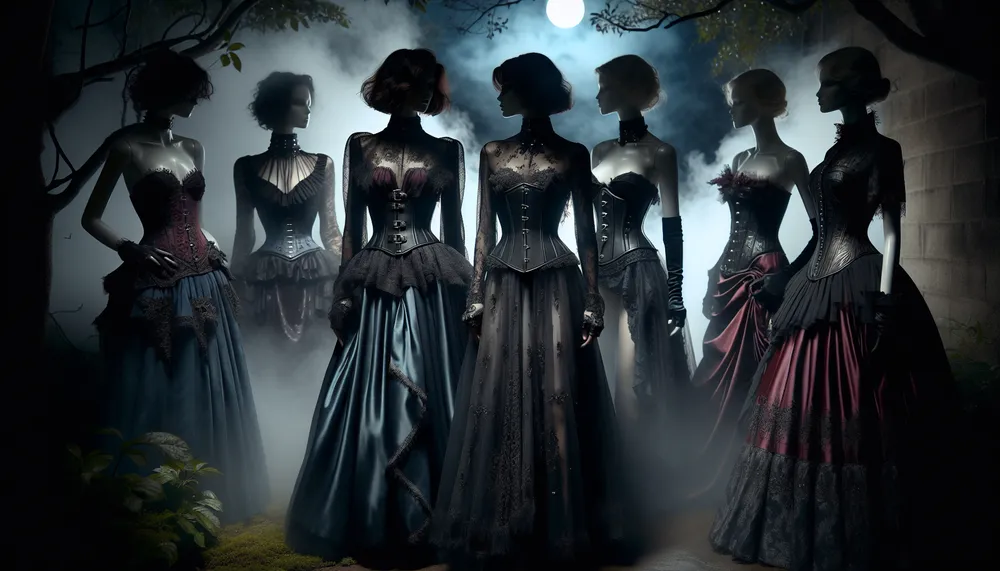 dark romance fashion with feminine silhouettes, moody aesthetic
