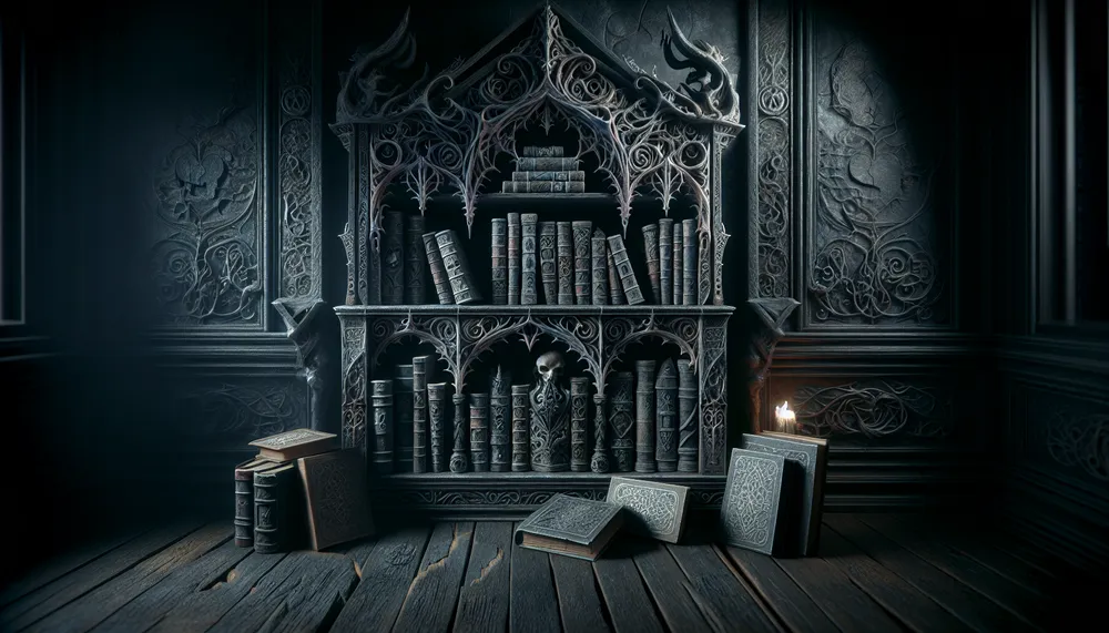 Dark fantasy books on a mystical shelf with ominous lighting, no hearts or romantic symbols