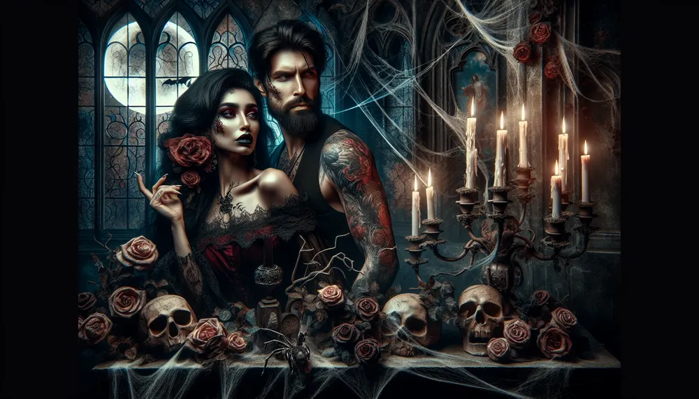 Dark, mysterious couple in a twisted romantic setting, evoking gothic vibes
