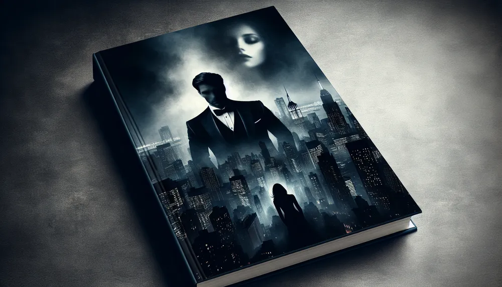dark romance book cover featuring a silhouette of a man in a suit with a cityscape in the background and the faint image of a woman