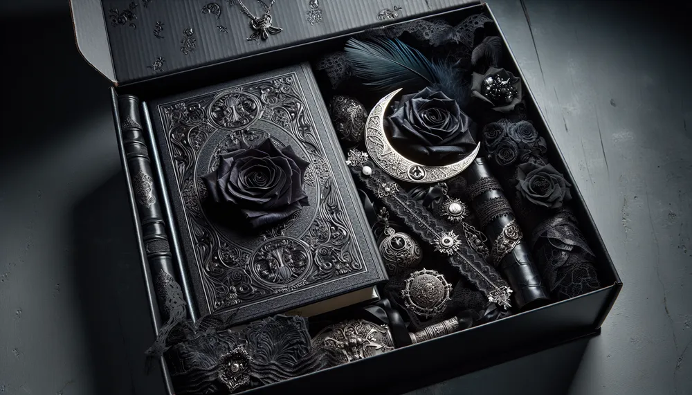 dark romance book subscription box, an image of a mysteriously luxurious subscription box with gothic elements