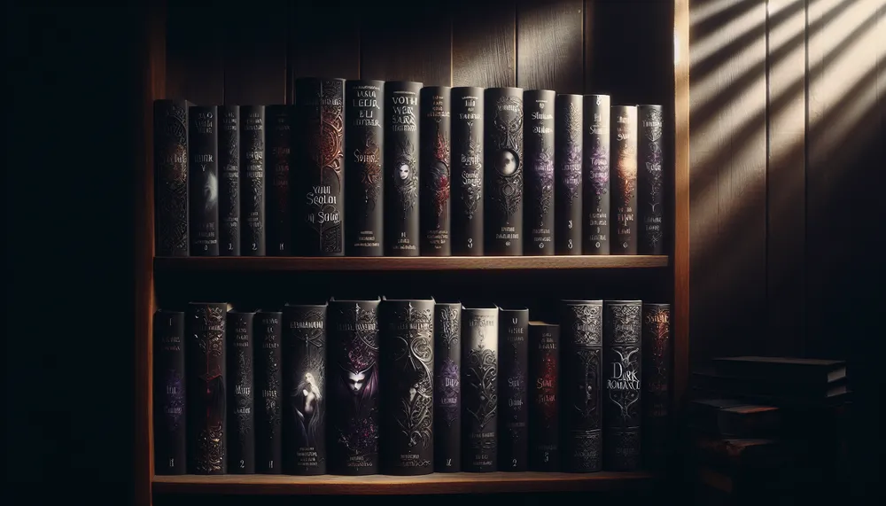 dark romance books on a shelf with moody lighting