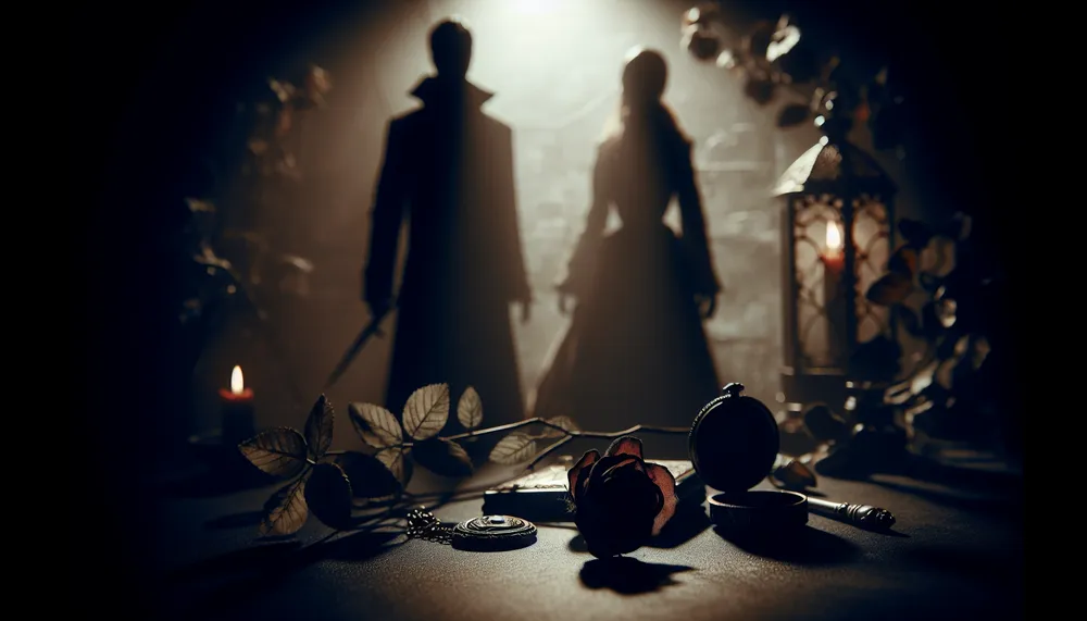 dark romance concept art, featuring shadowy figures and enigmatic ambiance