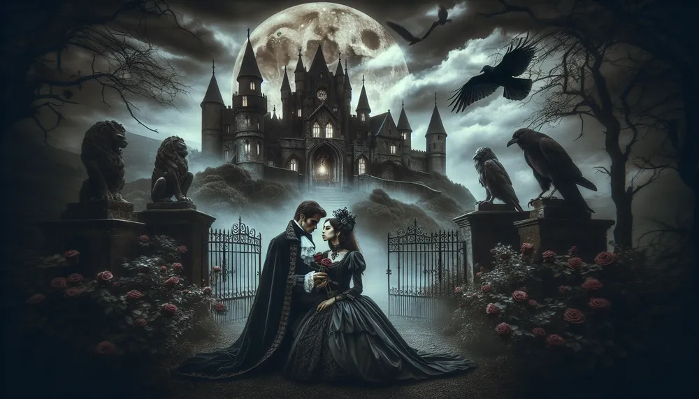 Dark romance novel theme, gothic atmosphere, an image that captures the essence of the genre