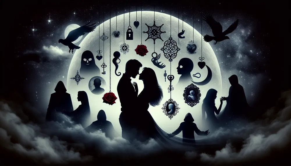 Dark romance theme, depicting the essence of a mysterious and passionate love affair