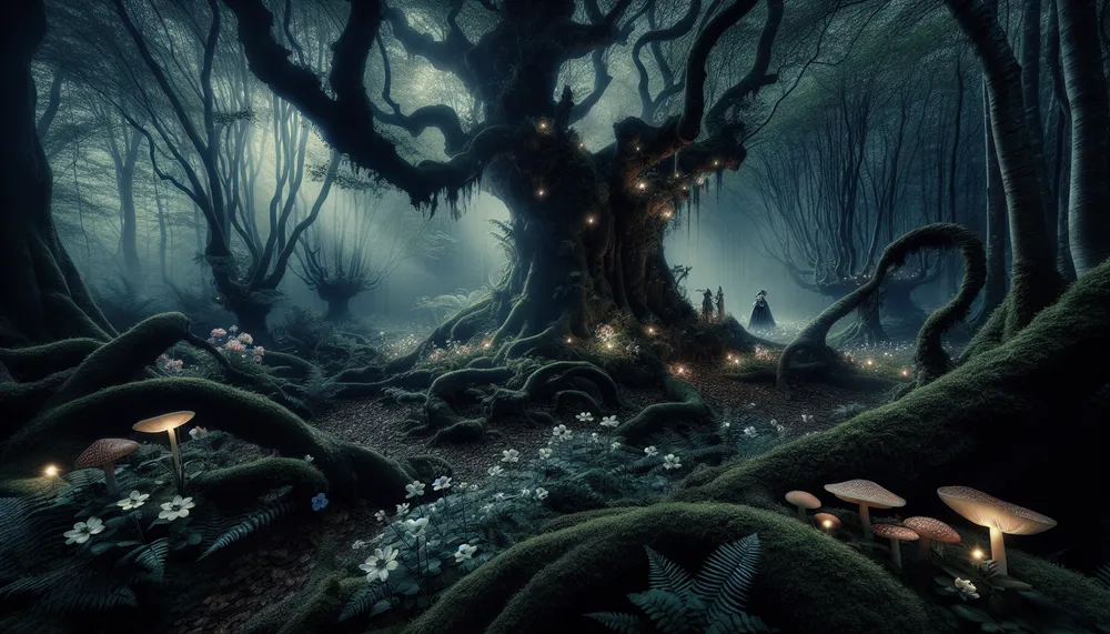 dark romance theme with mystical and gothic elements in an enchanted forest setting