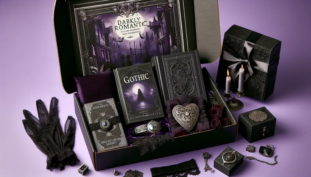 dark romance themed subscription box with books and gothic items