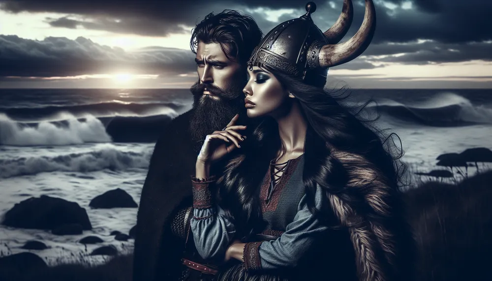 Dark Viking Romance - a mysterious and brooding Viking couple in a dramatic and romantic setting
