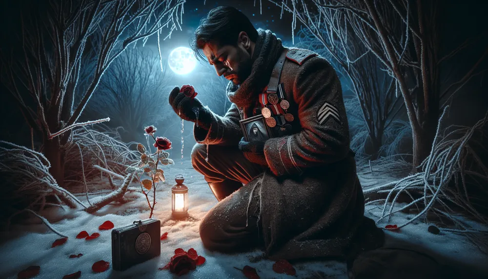 A dark and romantic illustration of a soldier's redemption
